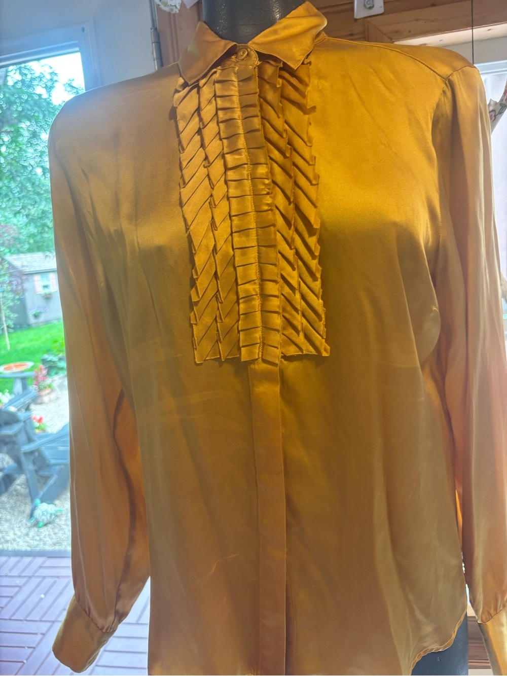 Behnaz Sarafpour Golden Satin Ruffle-Placket Blouse